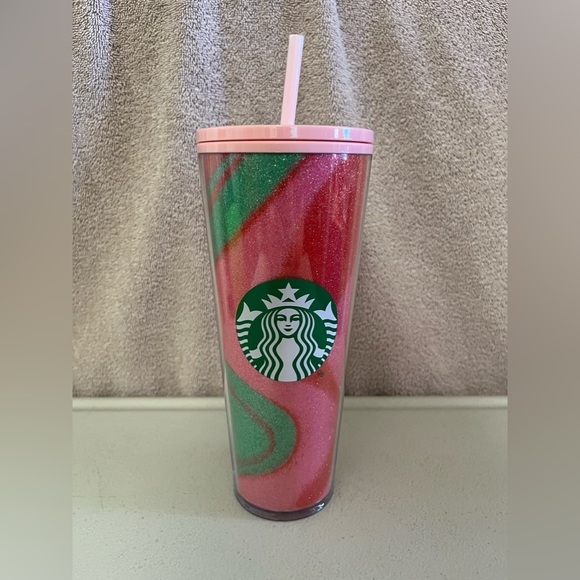 Starbucks Other - Starbucks 2020 Glitter Pink Green Swirl 24oz Holiday Tumbler with Straw NWT